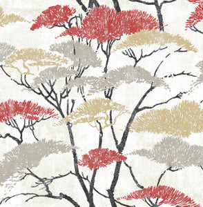 Confucius Tree Metallic Gold, Silver, and Crimson by Seabrook Wallpaper