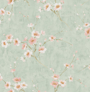Silk Road Dogwood Metallic Mint and Pink by Seabrook Wallpaper