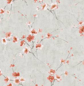 Silk Road Dogwood Metallic Silver and Strawberry by Seabrook Wallpaper