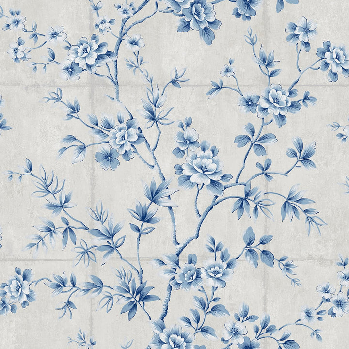 Great Wall Floral Metallic Silver and Sky Blue by Seabrook Wallpaper Koi United States 60.75 27" 27" - Fabric Carolina -