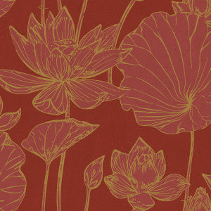 Lotus Floral Metallic Gold and Crimson by Seabrook Wallpaper