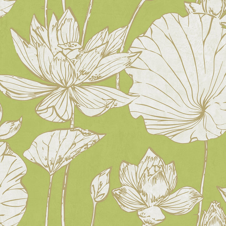 Lotus Floral Metallic Gold and Lime Green by Seabrook Wallpaper Koi United States 60.75 27" 27" - Fabric Carolina -
