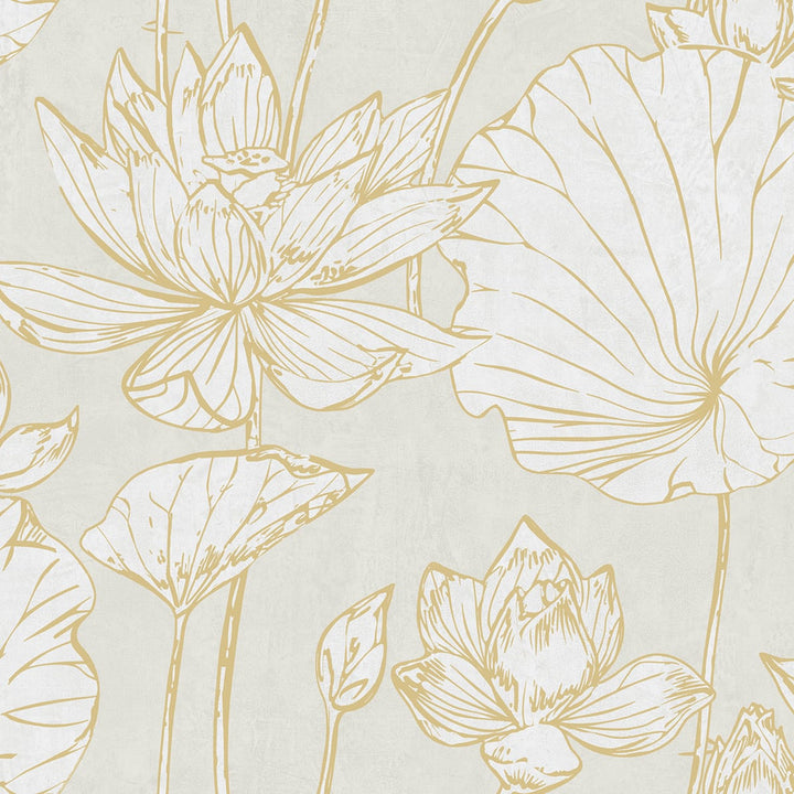 Lotus Floral Metallic Gold and Off-White by Seabrook Wallpaper Koi United States 60.75 27" 27" - Fabric Carolina -