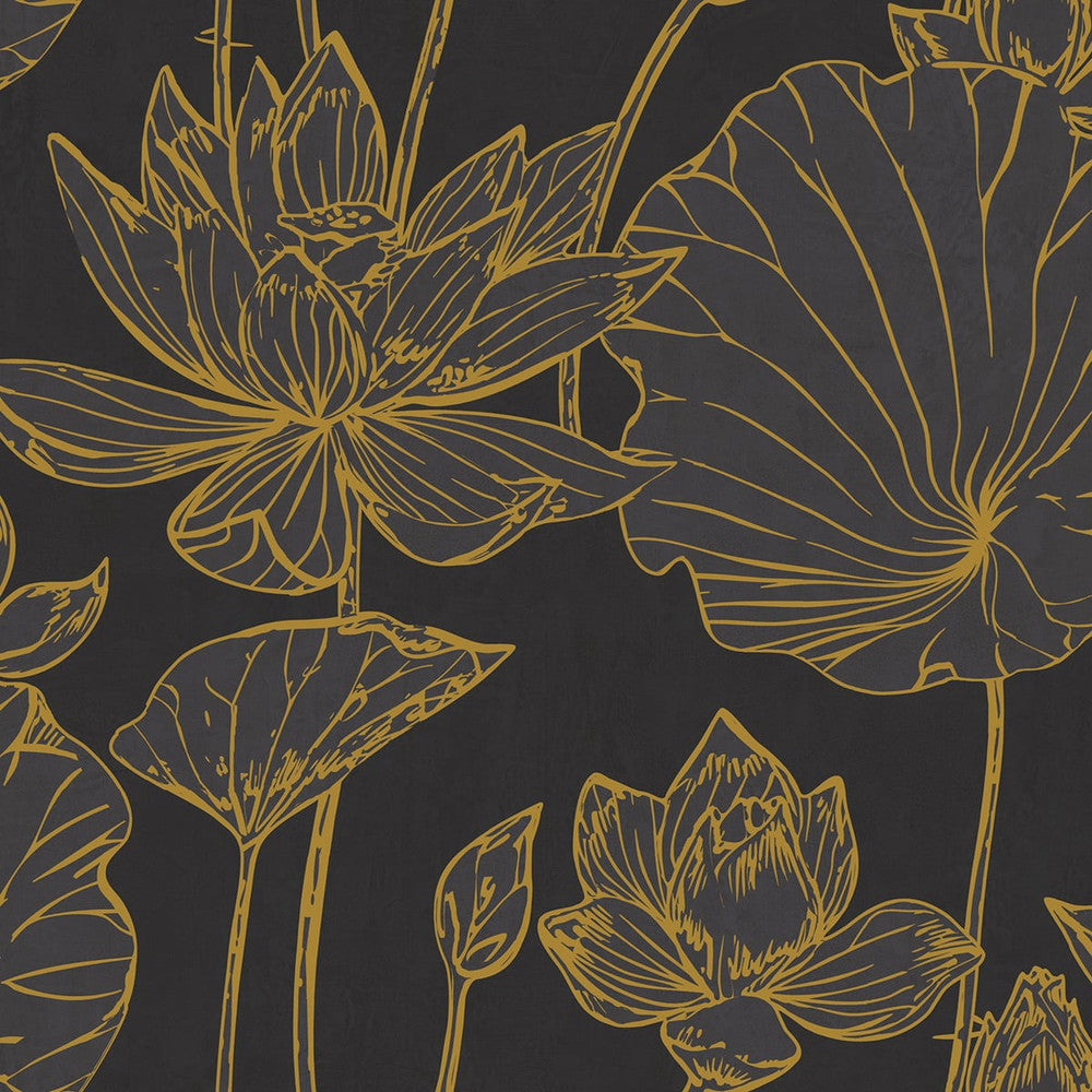 Lotus Floral Metallic Gold and Ebony by Seabrook Wallpaper Koi United States 60.75 27" 27" - Fabric Carolina -