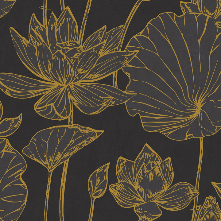 Lotus Floral Metallic Gold and Ebony by Seabrook Wallpaper Koi United States 60.75 27" 27" - Fabric Carolina -