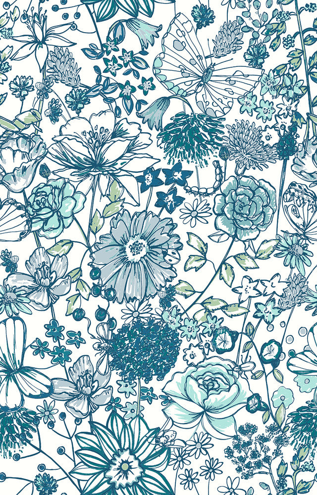 Daley Blue Line Floral Wallpaper by A-Street Prints A-Street Select Covers about 56.4 square feet 20.5-in by 33-ft long roll Unpasted 32.6 - Fabric Carolina -