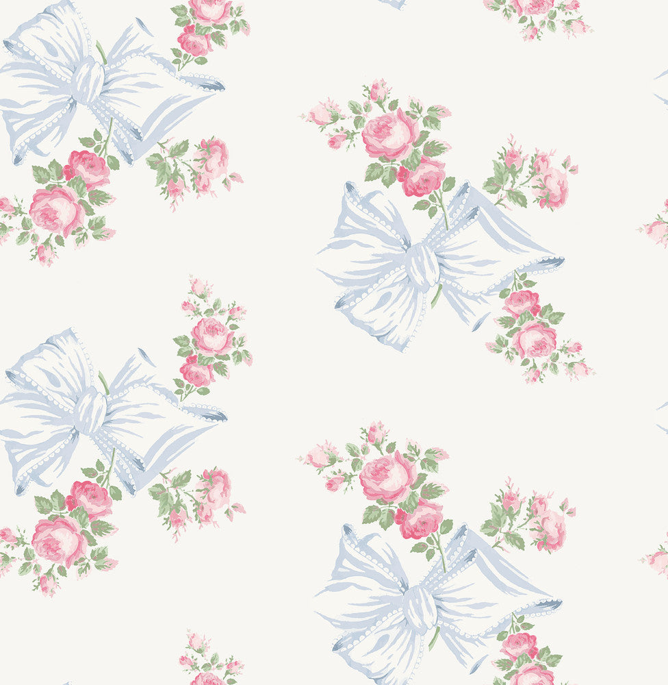 Rosa Beaux Pastel Blue Large Bow Spot Wallpaper by A-Street Prints LoveShackFancy Covers about 56.4 square feet 20.5-in by 33-ft long roll Unpasted 21 - Fabric Carolina -