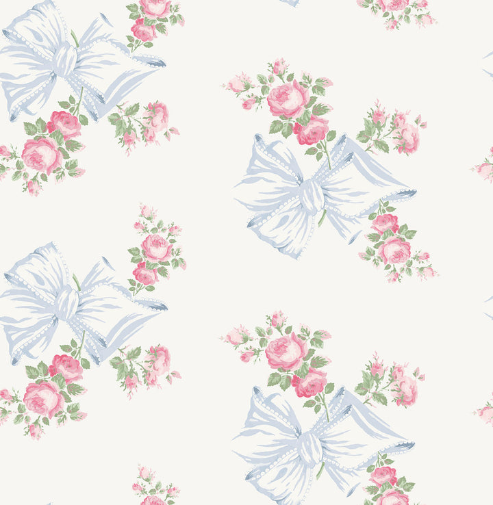 Rosa Beaux Pastel Blue Large Bow Spot Wallpaper by A-Street Prints LoveShackFancy Covers about 56.4 square feet 20.5-in by 33-ft long roll Unpasted 21 - Fabric Carolina -