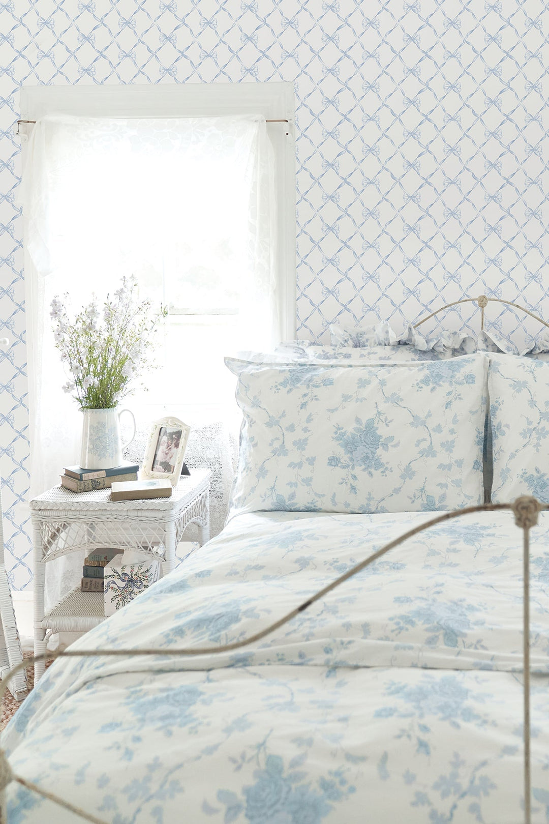 Baby Bow Blue Bella Ribbon Ribbon Trellis Wallpaper by A-Street Prints Designer