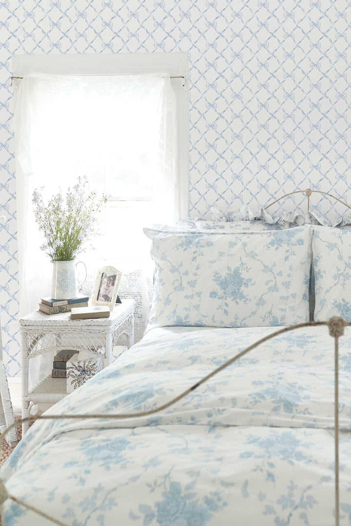 Baby Bow Blue Bella Ribbon Ribbon Trellis Wallpaper by A-Street Prints Designer