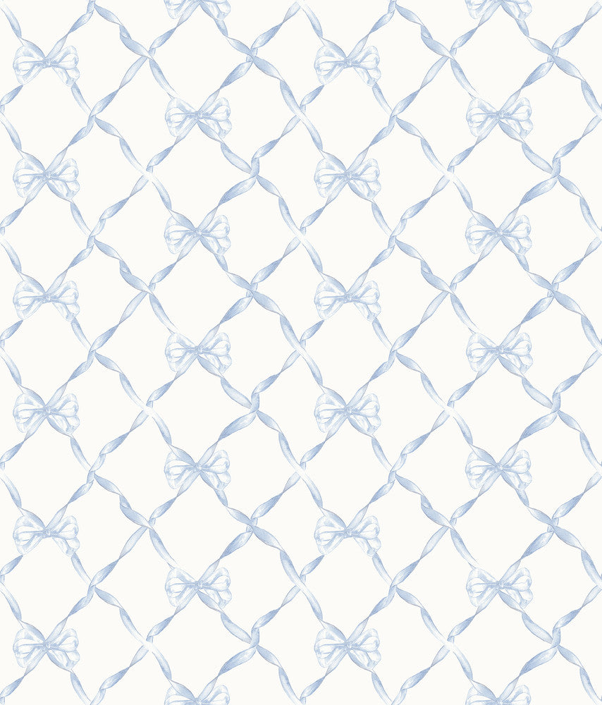 Baby Bow Blue Bella Ribbon Ribbon Trellis Wallpaper by A-Street Prints LoveShackFancy Covers about 56.4 square feet 20.5-in by 33-ft long roll Unpasted 8 - Fabric Carolina -