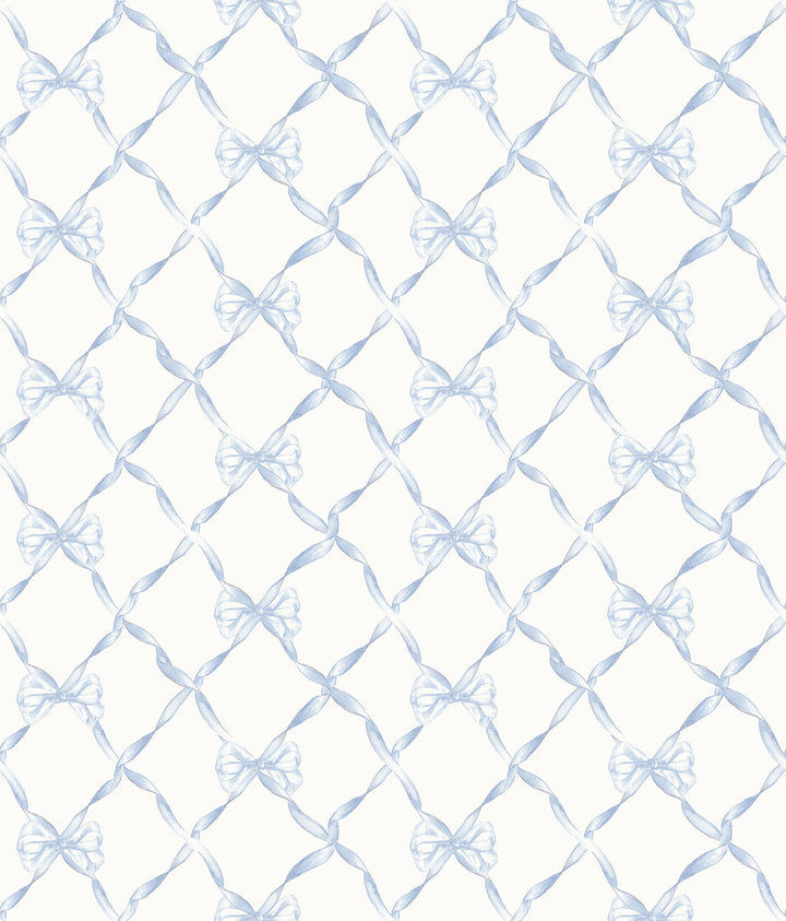 Baby Bow Blue Bella Ribbon Ribbon Trellis Wallpaper by A-Street Prints LoveShackFancy Covers about 56.4 square feet 20.5-in by 33-ft long roll Unpasted 8 - Fabric Carolina -
