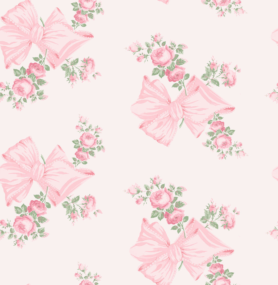 Rosa Beaux Pink Mint Large Bow Spot Wallpaper by A-Street Prints LoveShackFancy Covers about 56.4 square feet 20.5-in by 33-ft long roll Unpasted 21 - Fabric Carolina -
