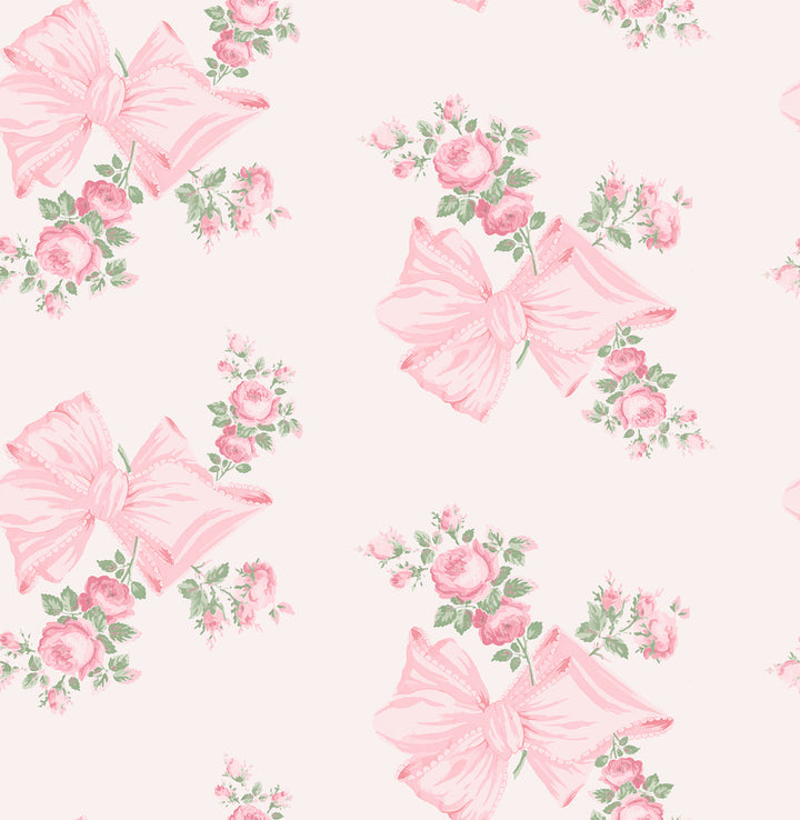 Rosa Beaux Pink Mint Large Bow Spot Wallpaper by A-Street Prints LoveShackFancy Covers about 56.4 square feet 20.5-in by 33-ft long roll Unpasted 21 - Fabric Carolina -