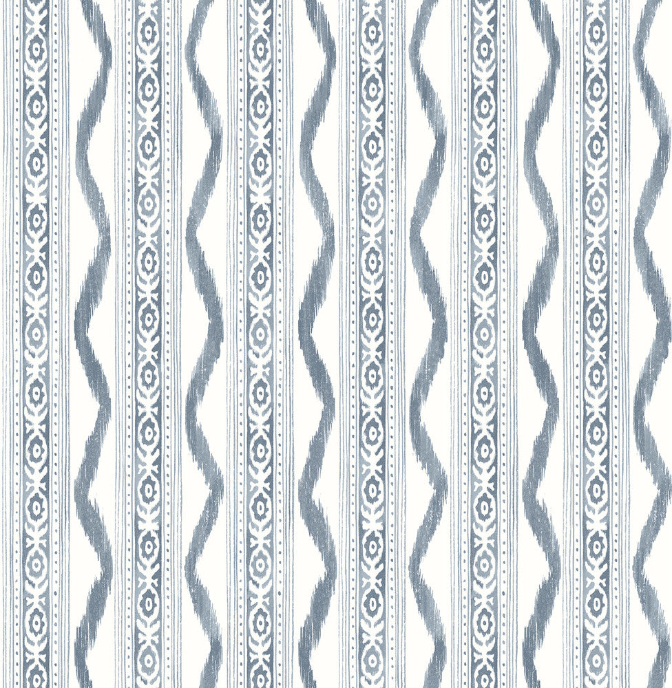 Rhys Blue IKAT Stripe Wallpaper by A-Street Prints Erin Gates Covers about 56.4 square feet 20.5-in by 33-ft long roll Unpasted 21 - Fabric Carolina -