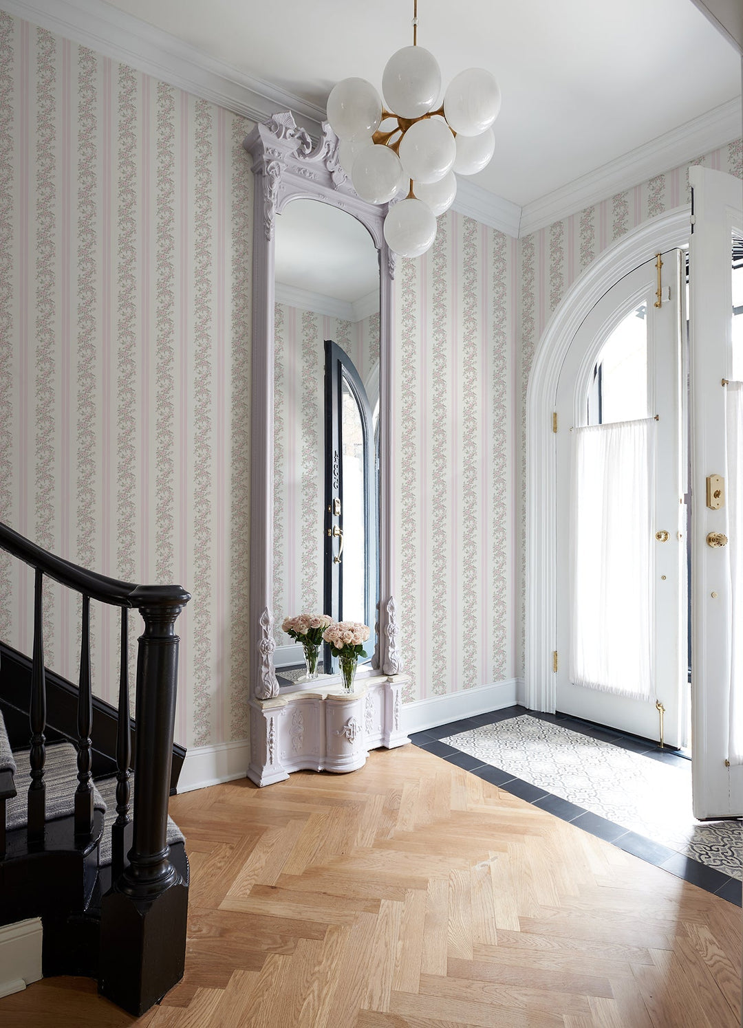Marigold Wreath Pastel Peach Floral Stripe Wallpaper by A-Street Prints Designer