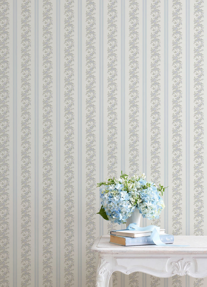Marigold Wreath Baby Blue Rush Floral Stripe Wallpaper by A-Street Prints Designer