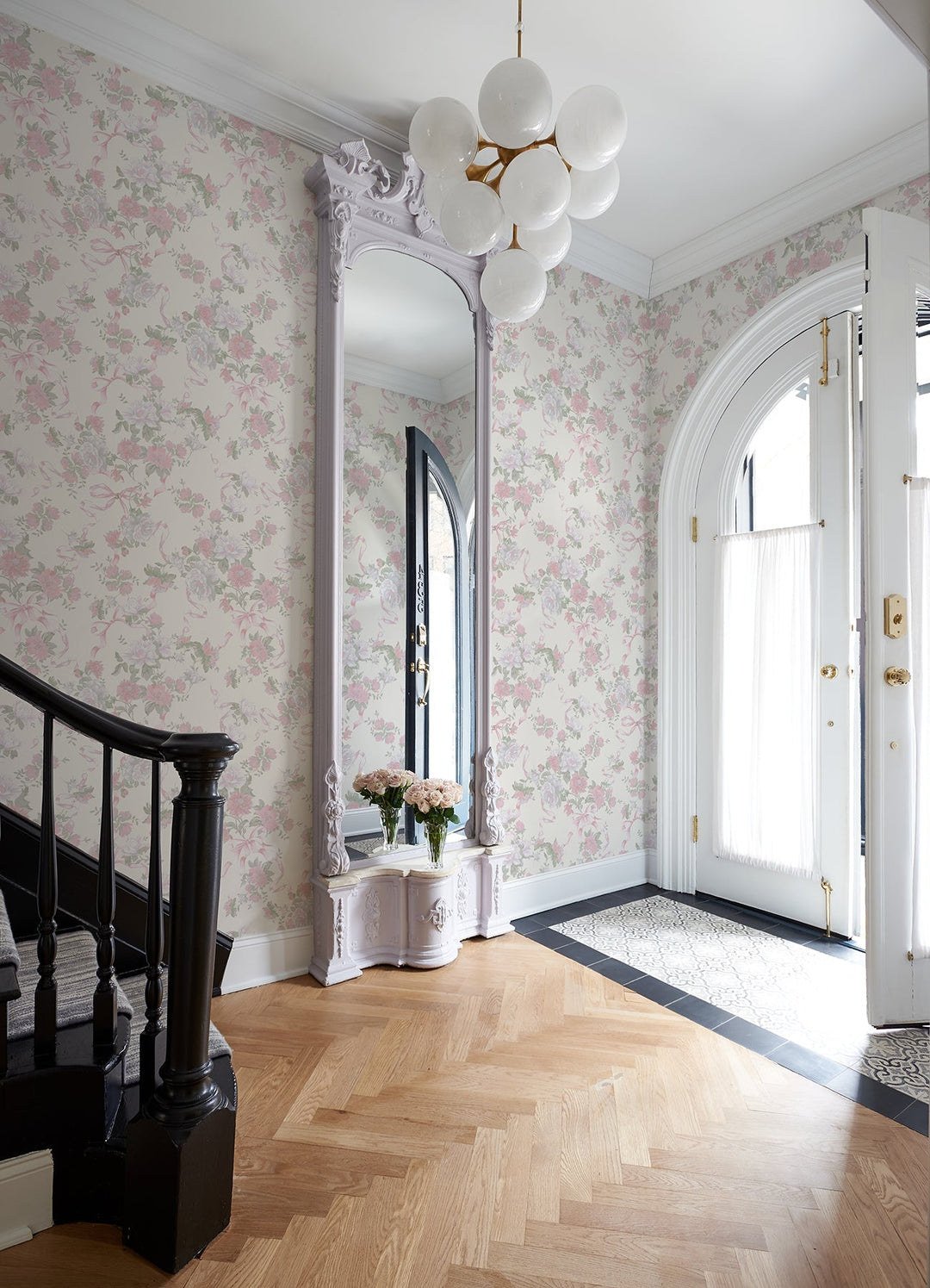 Cabbage Rose Bow Pretty in Pink Ribbons & Roses Wallpaper by A-Street Prints Designer