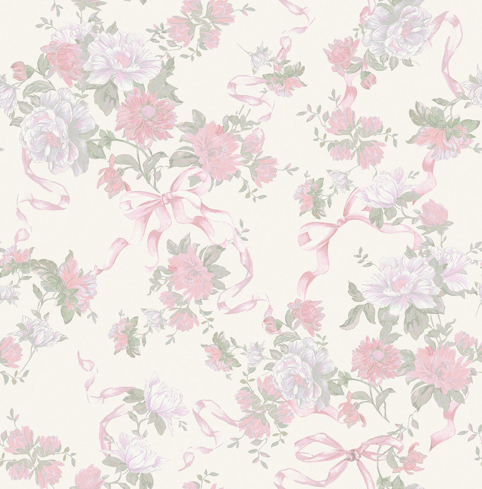 Cabbage Rose Bow Pretty in Pink Ribbons & Roses Wallpaper by A-Street Prints LoveShackFancy Covers about 56.4 square feet 20.5-in by 33-ft long roll Unpasted 20.8 - Fabric Carolina -
