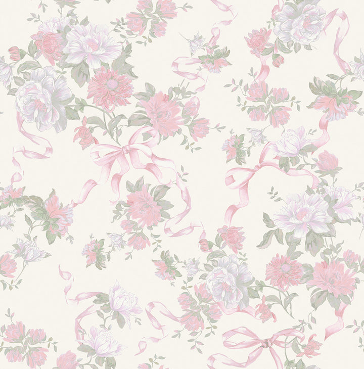 Cabbage Rose Bow Pretty in Pink Ribbons & Roses Wallpaper by A-Street Prints LoveShackFancy Covers about 56.4 square feet 20.5-in by 33-ft long roll Unpasted 20.8 - Fabric Carolina -