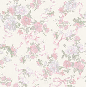 Cabbage Rose Bow Pretty in Pink Ribbons & Roses Wallpaper by A-Street Prints