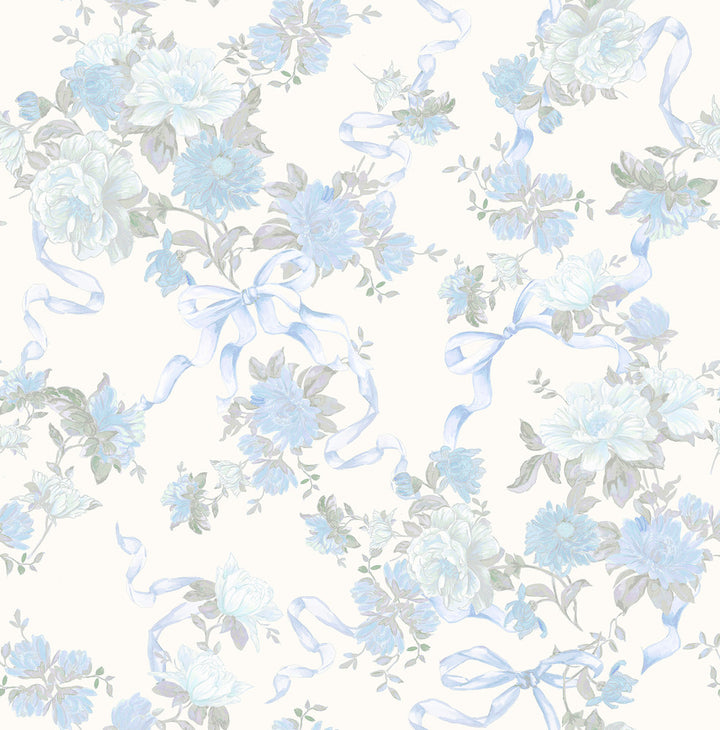 Cabbage Rose Bow Dusty River Blue Ribbons & Roses Wallpaper by A-Street Prints LoveShackFancy Covers about 56.4 square feet 20.5-in by 33-ft long roll Unpasted 20.8 - Fabric Carolina -