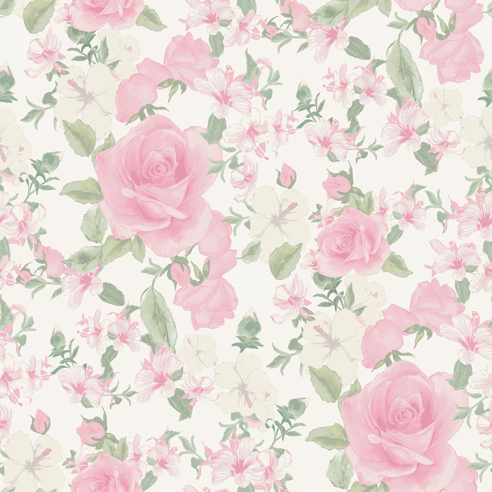 Sunset Harbor Rose Vida Rosa Roses & White Flowers Wallpaper by A-Street Prints LoveShackFancy Covers about 56.4 square feet 20.5-in by 33-ft long roll Unpasted 20.8 - Fabric Carolina -