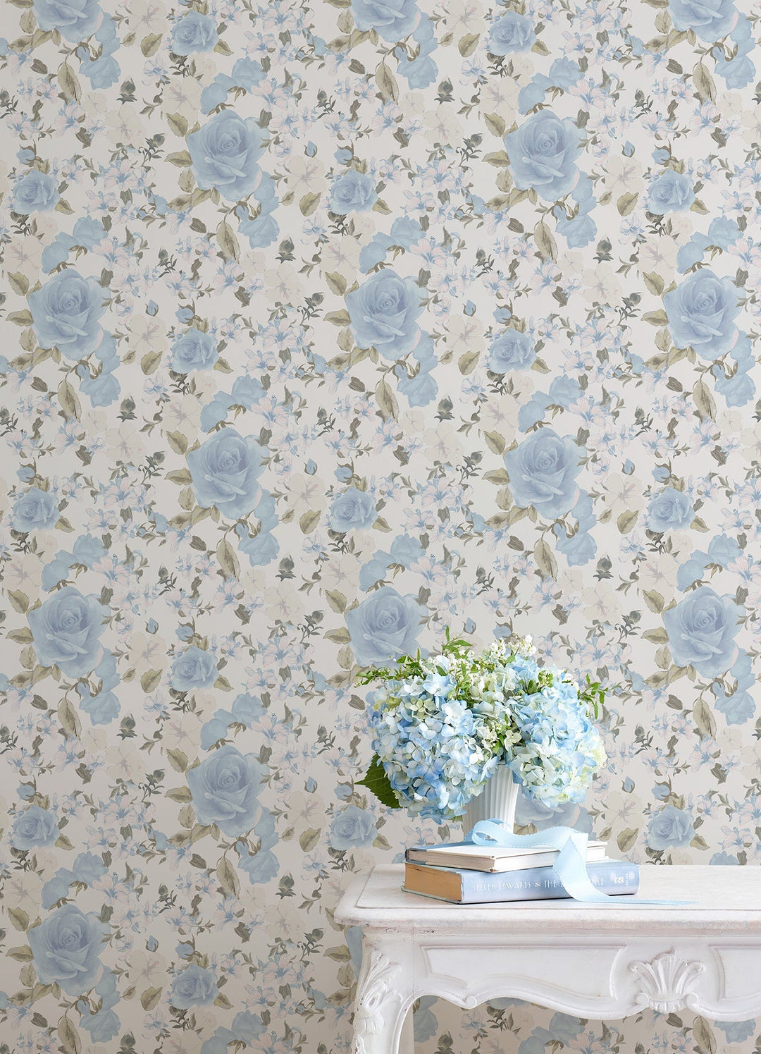 Sunset Harbor Rose Bella Lina Blue Roses & White Flowers Wallpaper by A-Street Prints Designer