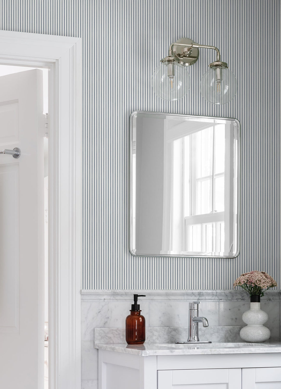 Oliver Navy Simple Stripe Wallpaper by A-Street Prints Designer