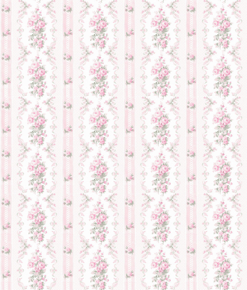 Dreamy Days Pink Parfait Stripe & Floral Wallpaper by A-Street Prints LoveShackFancy Covers about 56.4 square feet 20.5-in by 33-ft long roll Unpasted 24 - Fabric Carolina -