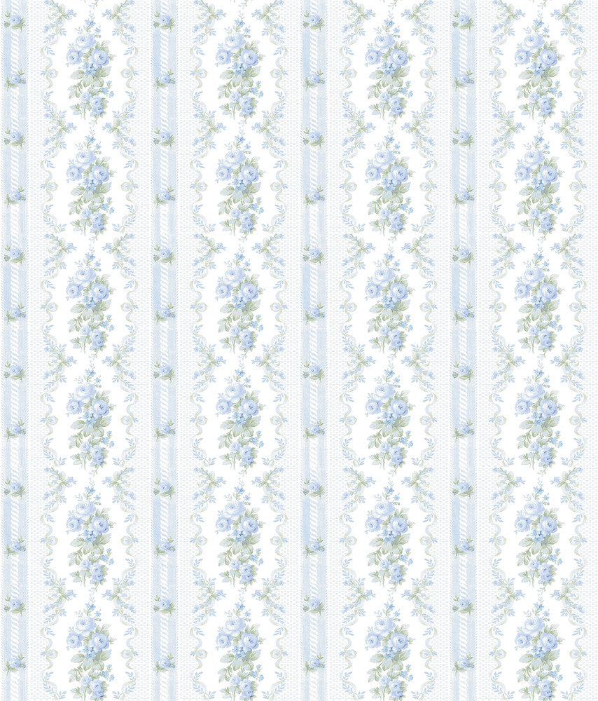 Dreamy Days Sweet Blue Stripe & Floral Wallpaper by A-Street Prints LoveShackFancy Covers about 56.4 square feet 20.5-in by 33-ft long roll Unpasted 24 - Fabric Carolina -