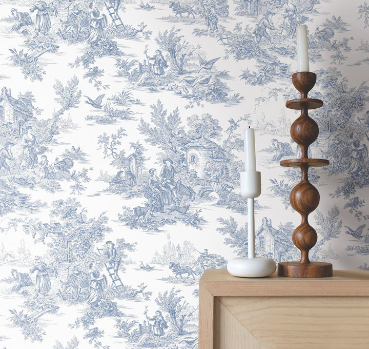 Campagne Toile Blue & White Wallpaper by York Wallcoverings Designer