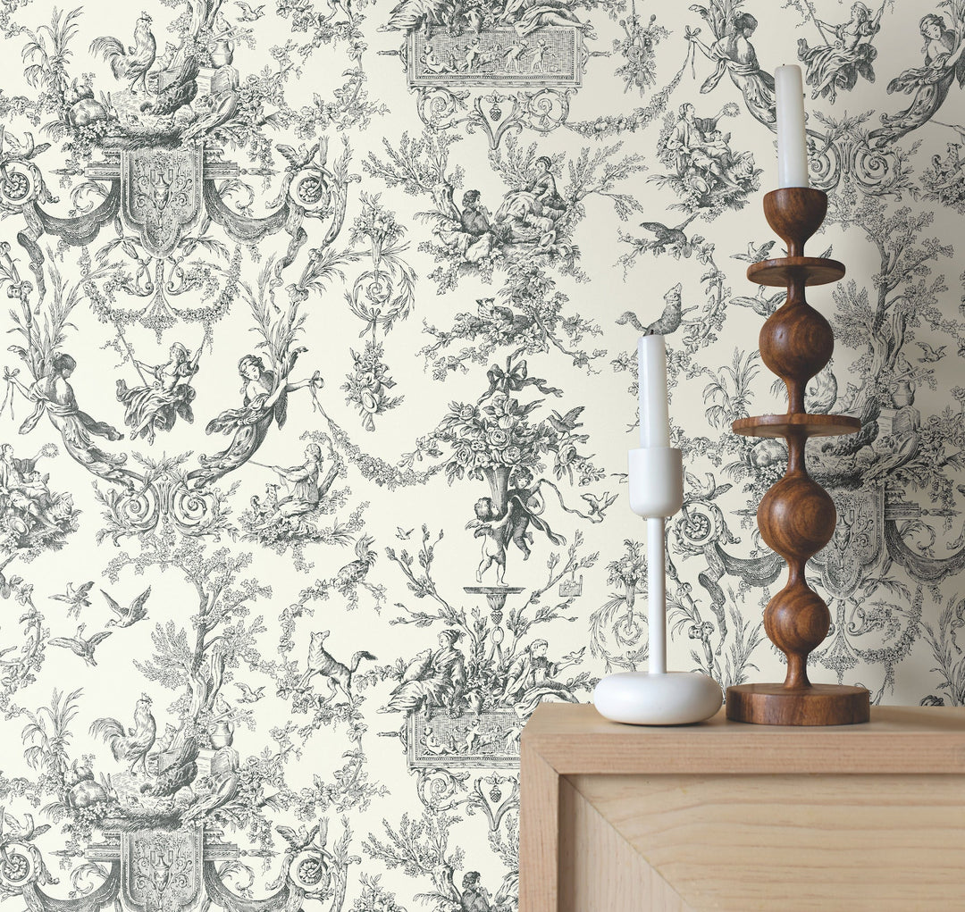 Old World Toile Black & White Wallpaper by York Wallcoverings Designer