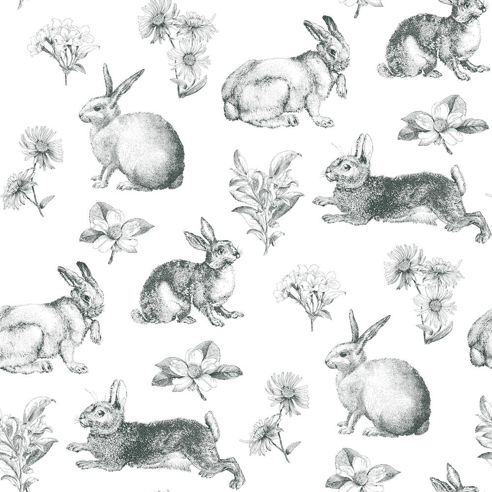 Bunny Toile Black & White Wallpaper by Inspired by Color Black & White, III Covers about 56.4 square feet 20.5-in by 33-ft long roll Prepasted 20.5 - Fabric Carolina -