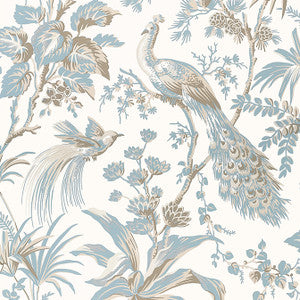 Peacock Toile Soft Blue and Beige AT57828 by Anna French Wallpaper