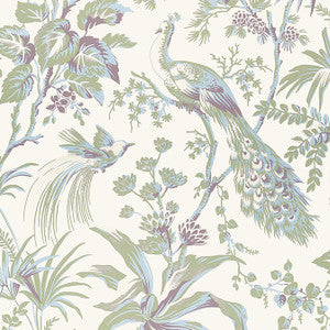 Peacock Toile Green and Plum AT57829 by Anna French Wallpaper