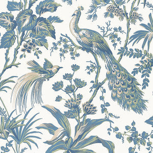Peacock Toile Blue and Green AT57830 By Anna French Wallpaper