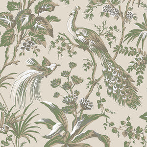 Peacock Toile Green on Natural AT57832 by Anna French Wallpaper