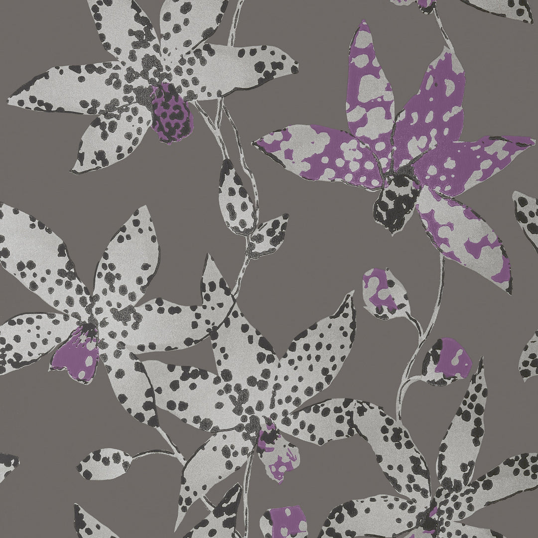 SPOTTED ORCHID - Silver on Charcoal By Anna French Wallpaper