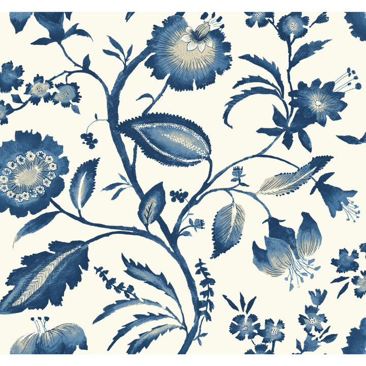 Watercolor Jacobean Blue & White Wallpaper by York Wallcoverings Ashford Tropics Covers about 60.8 square feet 27-in by 27-ft long roll Prepasted 25.25 - Fabric Carolina -