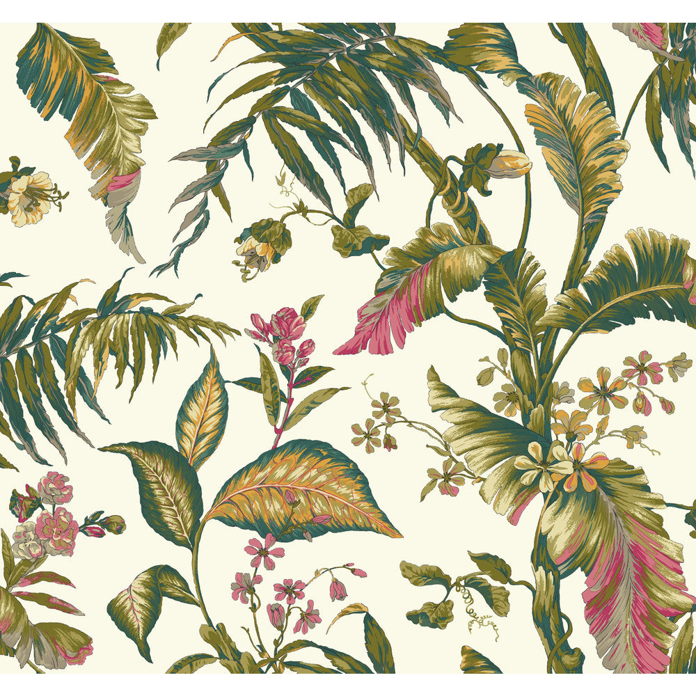 Fiji Garden White & Teal Wallpaper by York Wallcoverings Earthy Tones Covers about 60.8 square feet 27-in by 27-ft long roll Prepasted 25.25 - Fabric Carolina -