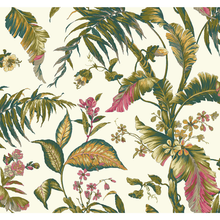 Fiji Garden White & Teal Wallpaper by York Wallcoverings Earthy Tones Covers about 60.8 square feet 27-in by 27-ft long roll Prepasted 25.25 - Fabric Carolina -