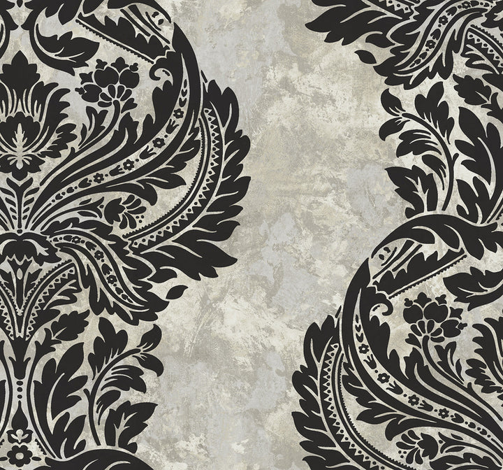 Newton Damask Black and Greige by Seabrook Wallpaper Avant Garde United States 60.75 25.2" 27" - Fabric Carolina -