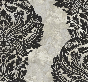 Newton Damask Black and Greige by Seabrook Wallpaper