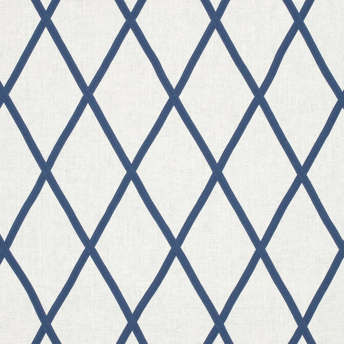 Tarascon Trellis Applique Navy on White AW78708 by Anna French Fabric Anna French Fabric Tarascon Trellis Applique Navy on White AW78708Fabric Palampore Fabric Book 100% Linen INDIA </p><p>Repeat: V: 12.25 50.5 - Fabric Carolina -