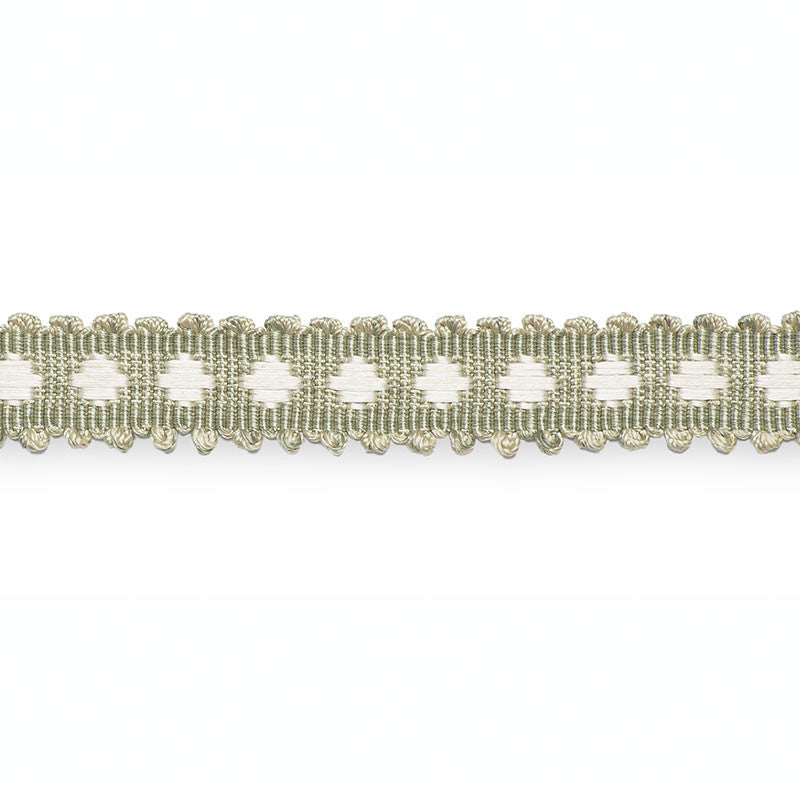 Marlis Braid Bay Leaf/Ivory B203-3 by Schumacher Trim SCHUMACHER TRIM PROGRAM See Sample UNITED STATES OF AMERICA TO BE DETERMINED </p><p>Repeat: Horizontal: - and Vertical: - 1" WIDE (3CM) - Fabric Carolina -