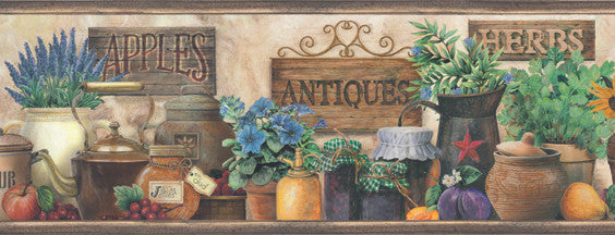 Marché Green Antique Herbs Portrait Wallpaper by Chesapeake Borders By Chesapeake Covers about 7.5 square feet 6-in by 15-ft long roll Prepasted 0 - Fabric Carolina -