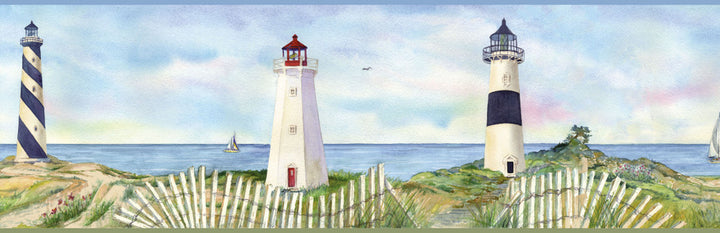Eugene Light Blue Coastal Lighthouse Portrait Wallpaper by Chesapeake Borders By Chesapeake Covers about 11.3 square feet 9-in by 15-ft long roll Prepasted 0 - Fabric Carolina -
