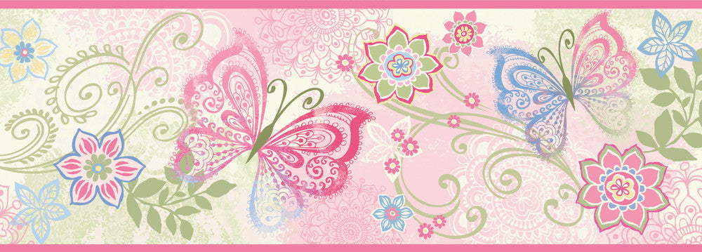 Fantasia Pink Boho Butterflies Scroll Wallpaper by Chesapeake Borders By Chesapeake Covers about 8.1 square feet 6.5-in by 15-ft long roll Prepasted 0 - Fabric Carolina -