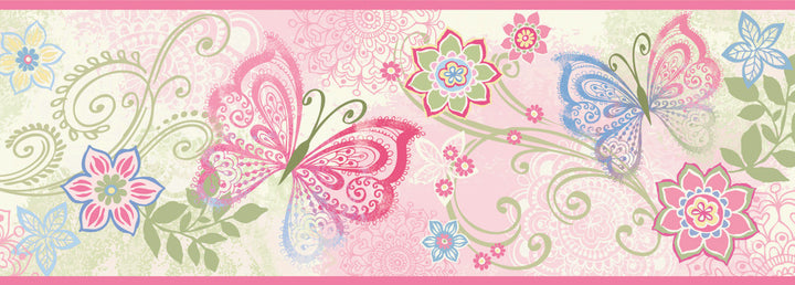 Fantasia Pink Boho Butterflies Scroll Wallpaper by Chesapeake Borders By Chesapeake Covers about 8.1 square feet 6.5-in by 15-ft long roll Prepasted 0 - Fabric Carolina -